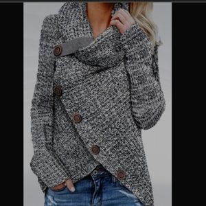 Heather Gray Buttoned Wrap Turtleneck Sweater